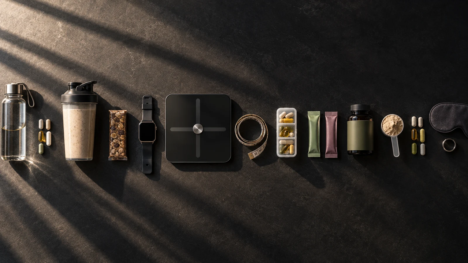 An array of wellness products, supplements and fitness accessories